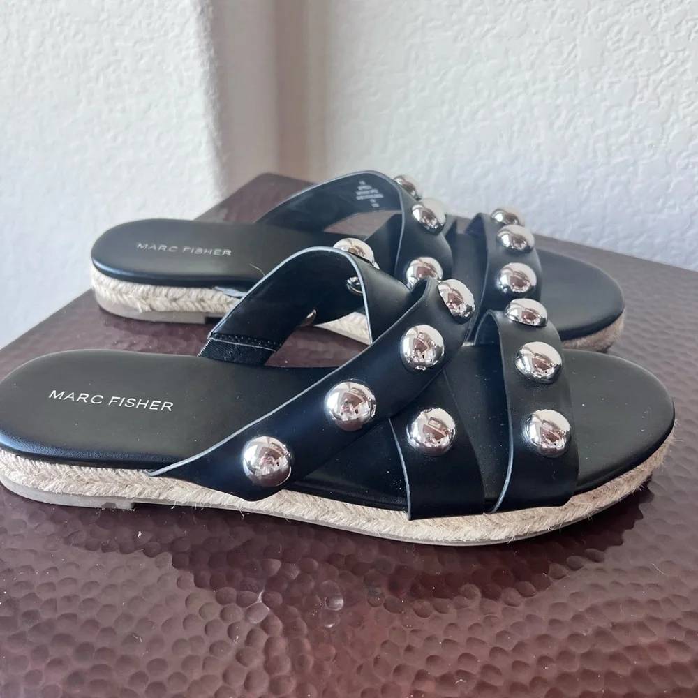 Marc Fisher Prisca Ball-Studded Espadrille Slide Sandals Black Leather | Size 11